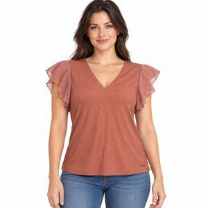 Calvin Klein Women's V-Neck Flutter Sleeve Blouse Pink Size L Dressy Work Top